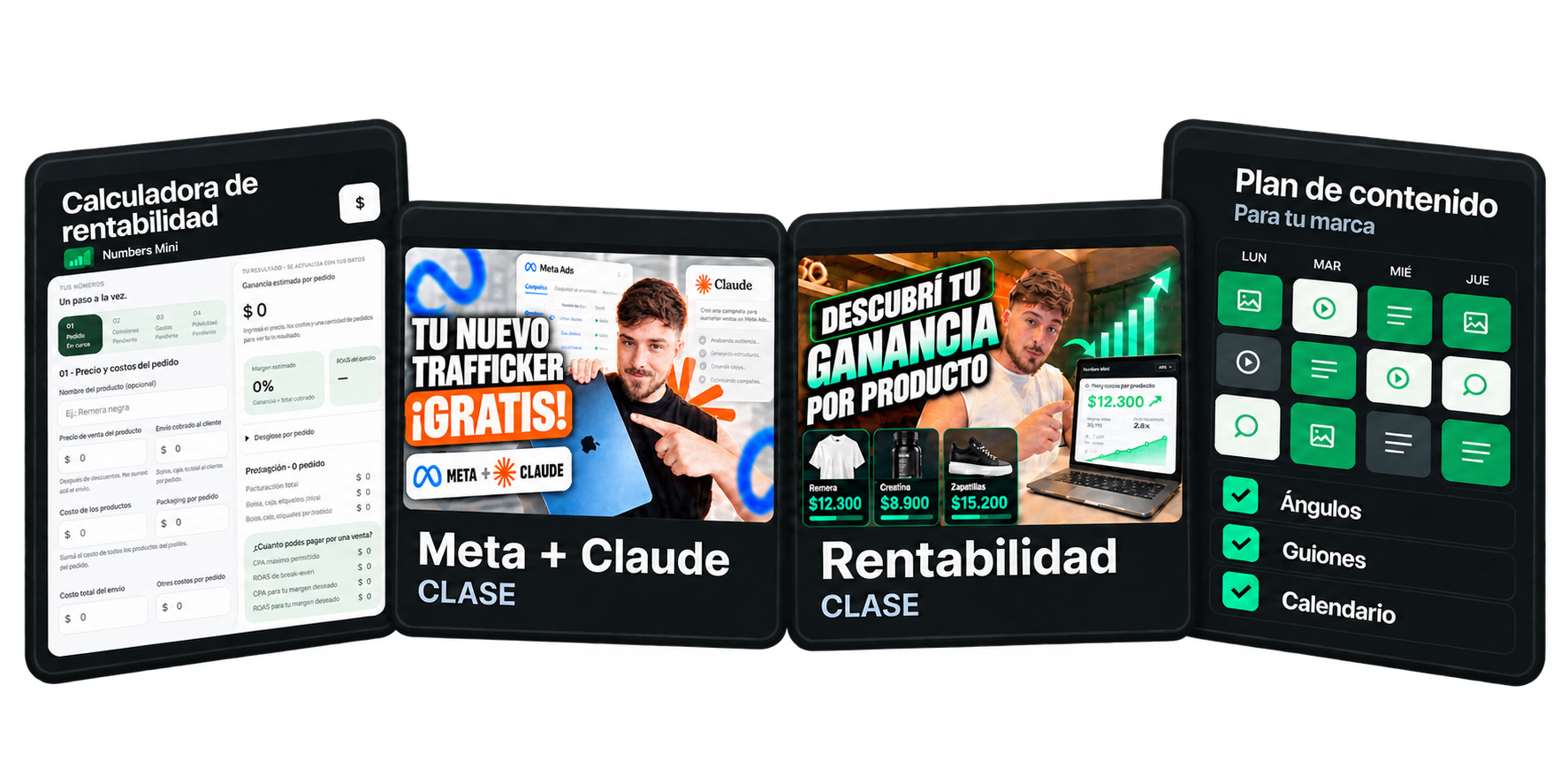Calculadora de rentabilidad, clases de Meta con Claude y rentabilidad, y plan de contenido para tu marca